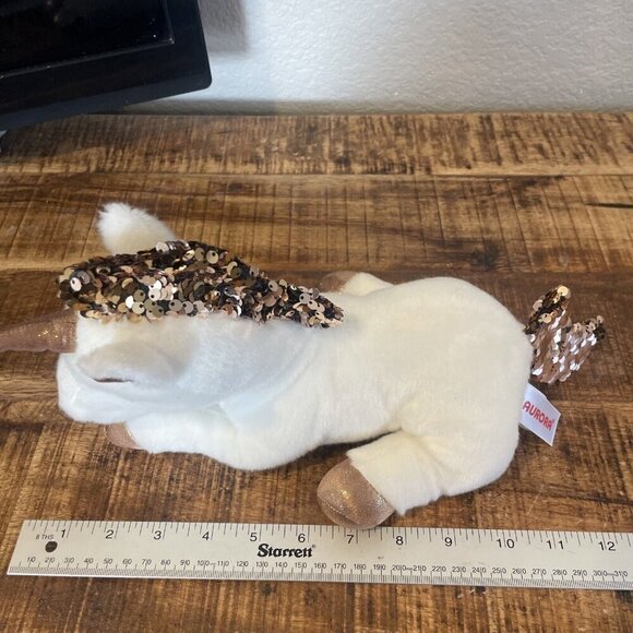 Aurora Shimmers Rose Gold Flippy Sequins White Unicorn Stuffed Animal Plush 12" - Picture 6 of 7